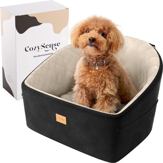 CozySense® Honden Autostoel - Veilige Hondenmand Auto voor Kleine Hond - Voorbank & Achterbank - Met Veiligheidsriem, Opbergvak & Wasbare Hoes - Zwart/Beige