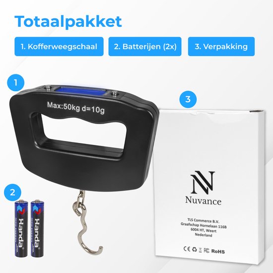 Nuvance - Digitale Kofferweegschaal - Bagageweegschaal tot 50 KG - Inclusief Batterijen - Bagageweger - Koffer Weegschaal met Digitaal Display - Hangweegschaal