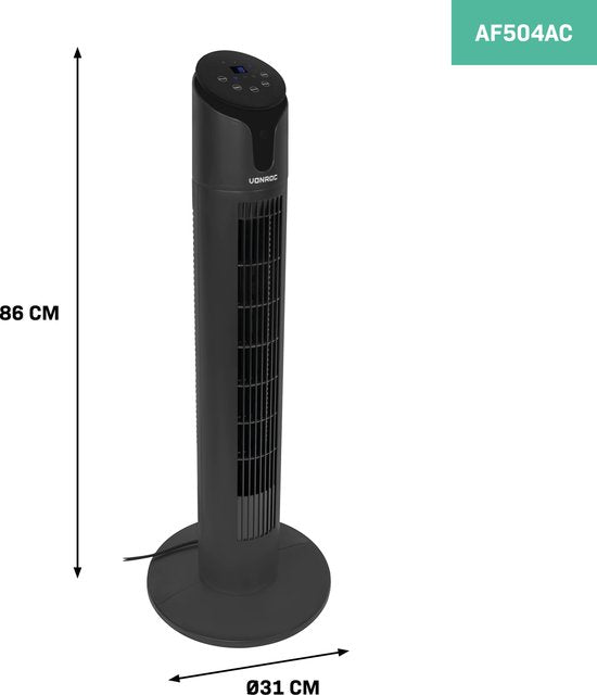VONROC Luxe Ventilator - Torenventilator – hoogte 86 cm – Incl. afstandsbediening - 3 snelheden – zwenkfunctie - 15 uurs timer - zwart