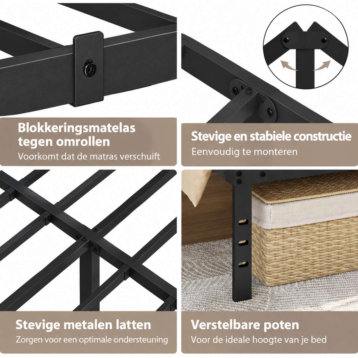 Yaheetech Metalen Tweepersoonsbed - Zwart - 201 x 181 x 41,5 cm - Matras 180 x 200 cm, Met Lattenbodem