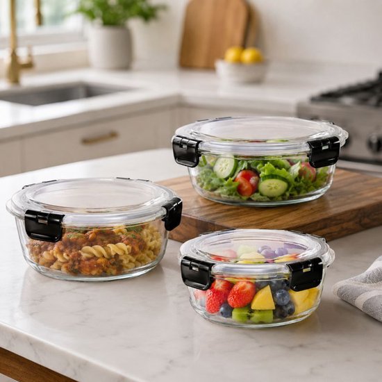 Ceruzo Meal Prep Bakjes Glas – 3 Stuks – Luchtdicht – Rond