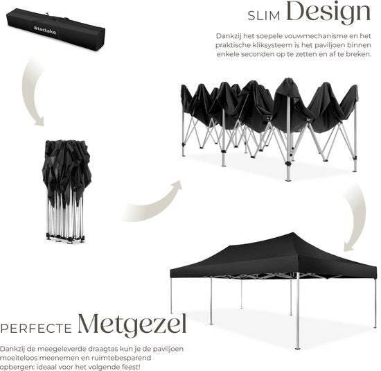 tectake® Vouwpaviljoen - Opvouwbaar en waterdicht - Tuinpaviljoen met 4 zijpanelen - Incl. haringen, scheerlijnen en tas - Terrasoverkapping, partytent - 6x3m - Zwart