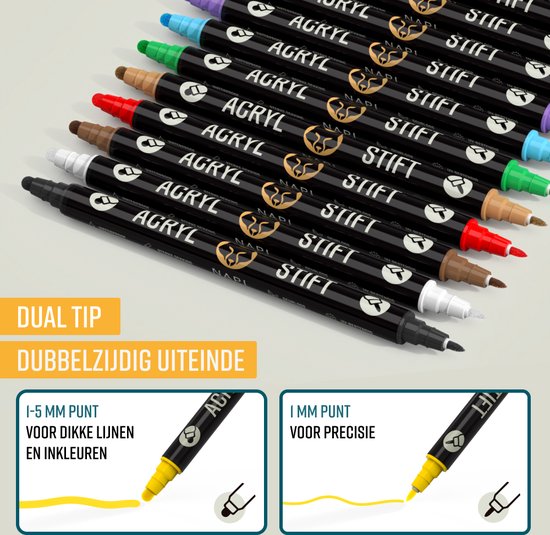 NAPI 24 Acrylstiften Dual Tip - Twinmarkers - Verfstiften Happy Stones - Stenen Schilderen met Acryl Verf Marker Stiften - Volwassenen en Kinderen - Incl. 2 Mandala Sjablonen