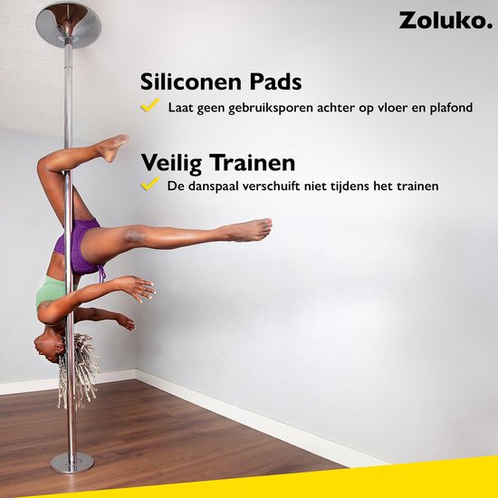 Zoluko Professionele Danspaal - Verstelbaar in hoogte: 2,24 m tot 2,74 m - Roterend en Statisch - 200KG Draagvermogen - Paaldansen - Dansstang - Pole Dance - Dance Pole - Zilver/Chroom