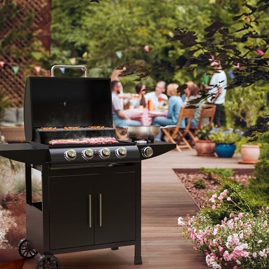 KitchenBrothers Gasbarbecue Incl.  Zijbrander - 5 Branders - Met Gasaansluiting - 42x57cm Grilloppervlak - Zwart