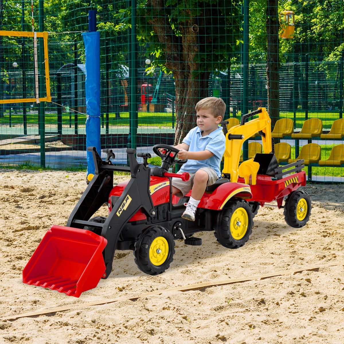 Coast Kinderzittractor - 3-in-1 graafmachine met afneembare aanhanger - 6 wielen - rood