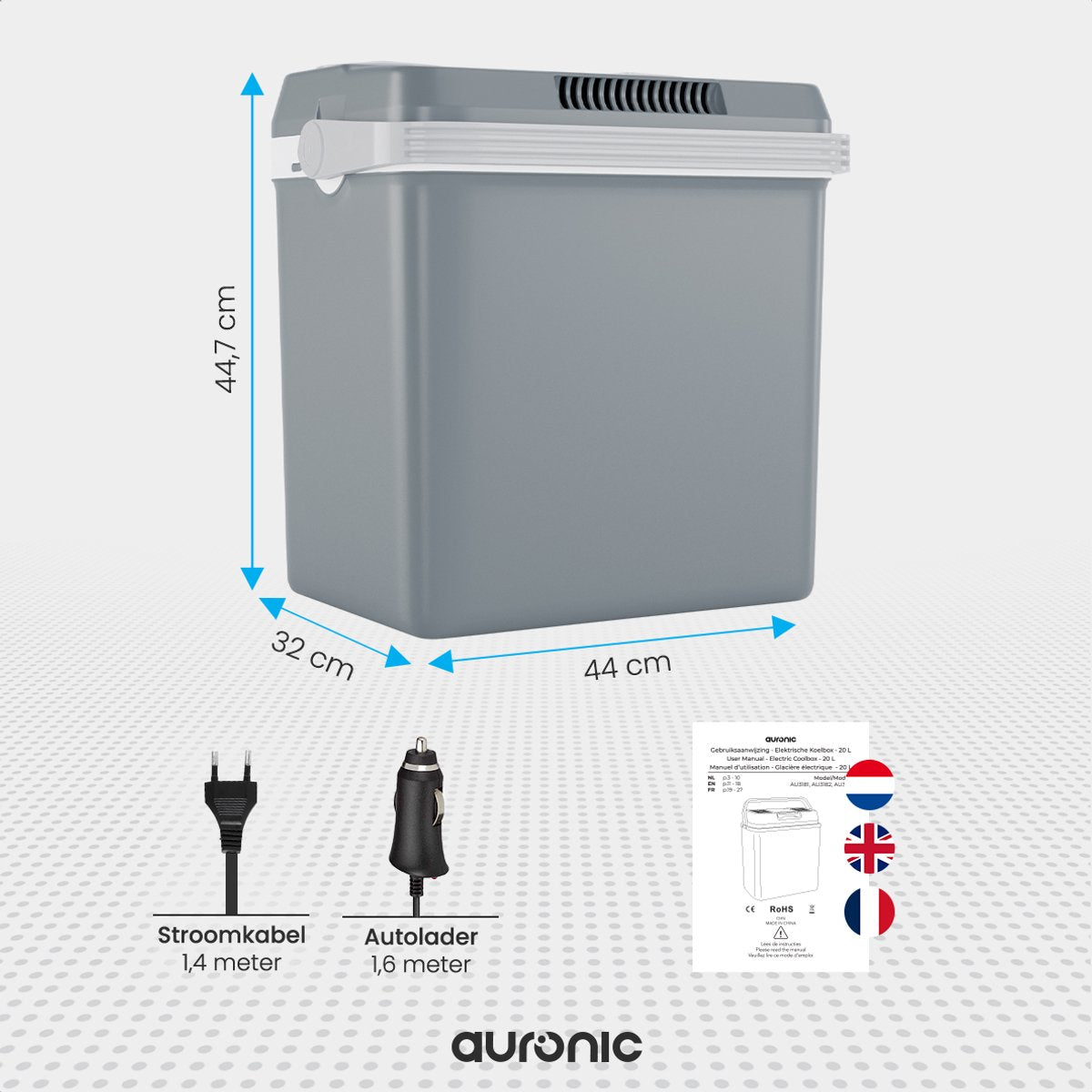 Auronic Elektrische Koelbox 25L - Koelen en Verwarmen - Auto en Camping - 44 x 32 x 44,7 cm - Grijs