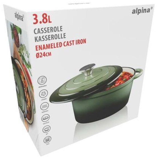 alpina Braadpan Gietijzer met Deksel - Bakpan ⌀ 24 cm - Alle Warmtebronnen - Groen