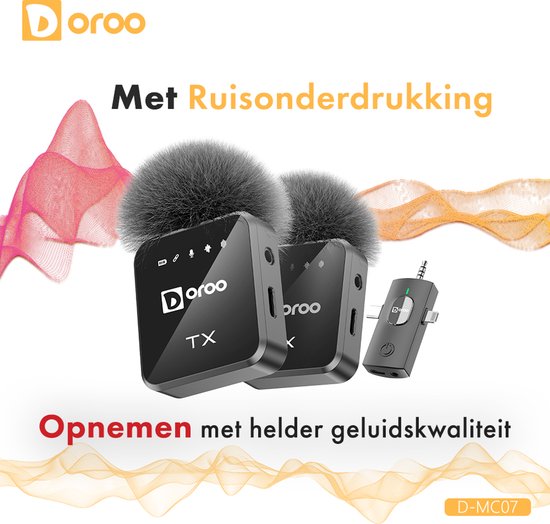Doroo® Professioneel Draadloze Microfoon - 2 Stuks - Lavalier - Windschermen - Extra Lange Batterij - Dasspeld - Professioneel audiogeluid - USB-C/Lightning/AUX-draadloze microfoon iphone-Android - Plug & Play - twee jaar garantie