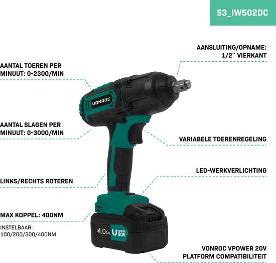 VONROC Accu slagmoersleutel 20V – 4 standen: 100/200/300/400Nm - Incl. 4 moerdoppen – geschikt voor het verwisselen van wielbouten en -moeren - Incl. 4.0Ah Accu en snellader