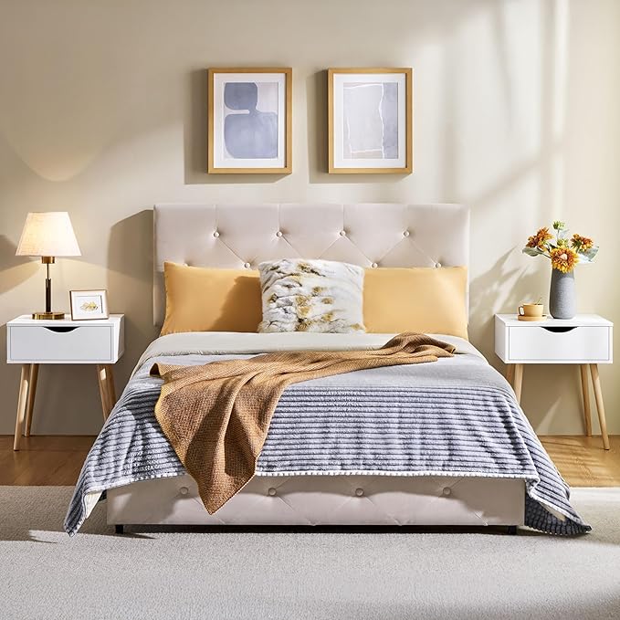 Yaheetech Nachtkastje Bijzettafel Scandinavisch Massief Grenenhout met Lade - 48,5 x 41 x 57,5 cm - Wit