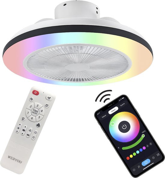 WERYOU® illuminAIR Plafondventilator - Plafonniere - Plafondventilator met verlichting - Plafonniere - Ventilator lamp - Tuya Wifi Smart - RGB Ledlamp - Plafondlamp - Incl Afstandsbediening - Dimbaar - ⌀56CM