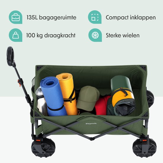 LifeGoods Bolderkar - 135L - Opvouwbaar - 100KG - Inklapbare Bolderwagen Met Afneembare Wielen - Beschermhoes - Groen