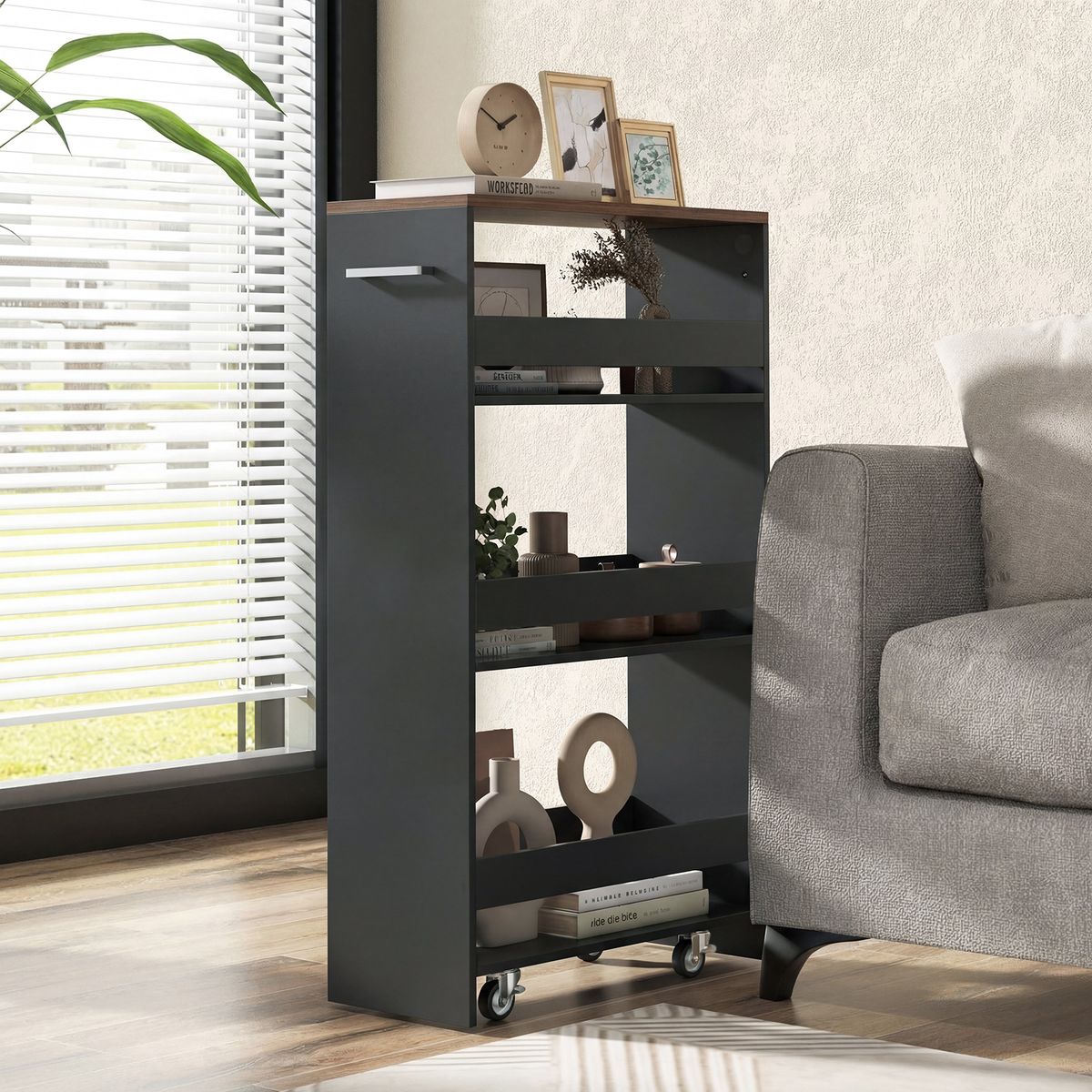 Coast Keukenwagen - smal nissenrek op wielen - 4 verdiepingen - zwart en bruin - 47,5 x 20 x 80,5 cm