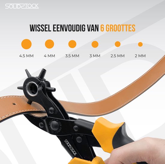 SolidStock Professionele Gaatjestang voor riem - met Gratis Meetlat - Ponstang - Revolvertang