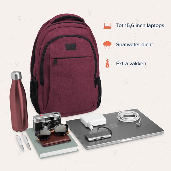 TRVLMORE Rugzak met Levenslange - Rugtas met 15,6 Inch Laptopvak - Schooltas - Spatwaterdicht - Heren en Dames - Jongens en Meisjes - 28L - Burgundy