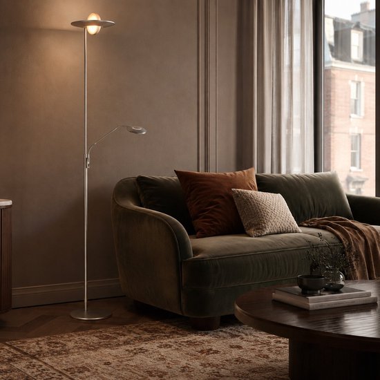 Vloerlamp Zenith 2 4394ST staal met uplight en leesarm - Steinhauer Exclusive, modern design, draaibaar en kantelbaar, 4940 lumen verlichtingskracht, verstelbare kleurtemperatuur van 2200 tot 4000 Kelvin