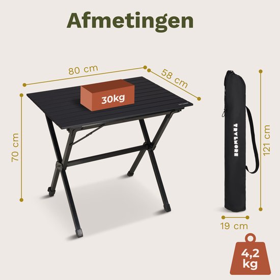 TRVLMORE Campingtafel - 80x58x71 cm - Lichtgewicht met Aluminium Frame - Vouwtafel Verstelbaar - Kampeertafel - Klaptafel - Zwart
