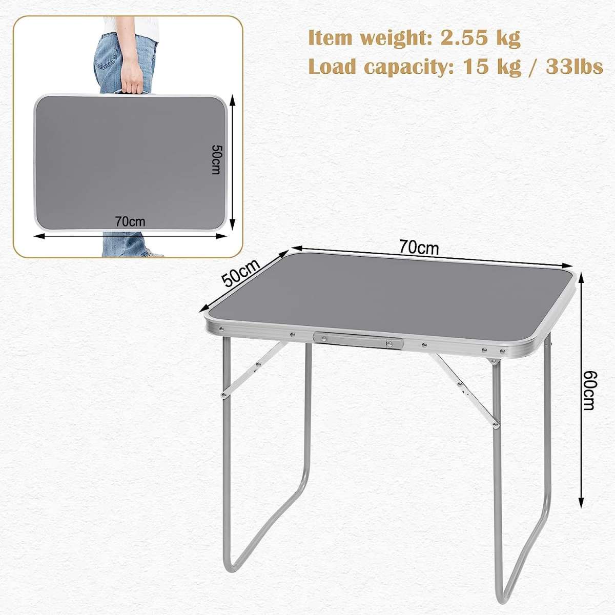 WOLTU Campingtafel 70 x 60 x 50 cm - Opvouwbaar - Handvat - Aluminium/MDF - Grijs
