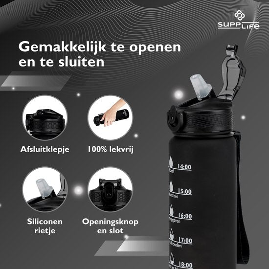 Supplife Motivatie Waterfles 1 Liter met Nederlandse Tekst - Drinkfles met Rietje - Waterfles met Tijdmarkeringen - Zwart