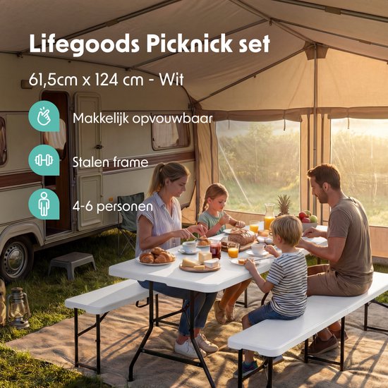 LifeGoods Inklapbare Picknickset - 124cm x 61,5cm - Tuintafel met 2 Banken - Weerbestendig - Campingtafel - Biertafel Opklapbaar - Voor Binnen en Buiten - Voor 4 tot 6 Personen - Wit