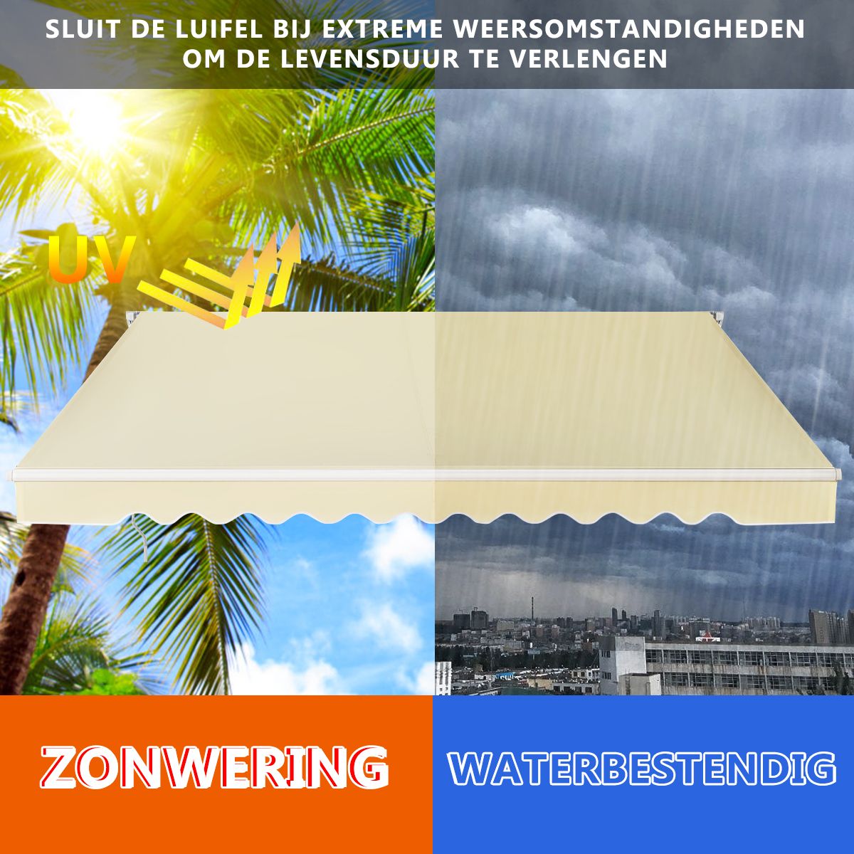 Coast Zonnescherm Terras Uitschuifbaar met Zwengel – 3 x 2,5 m – Beige