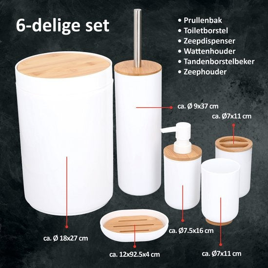 alpina Badkamerset - Toiletset - 6-Delig - Zeepdispenser - Tandenborstelhouder - Toiletborstel - Prullenbak - Zeepbakje - Beker - Bamboe - Wit