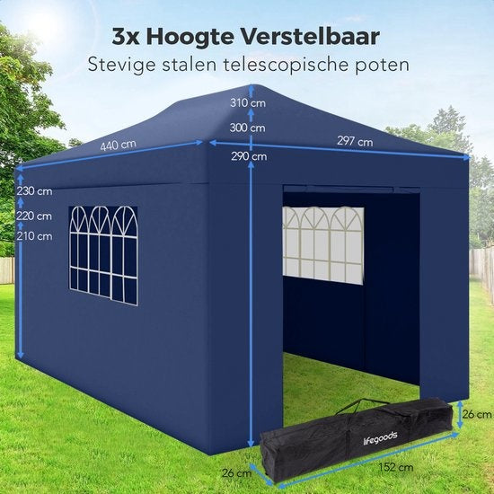 LifeGoods Partytent - Paviljoen - EasyUp - Opvouwbaar - Waterdicht - Met Draagtas met wieltjes - 440 x 297 cm - Donkerblauw