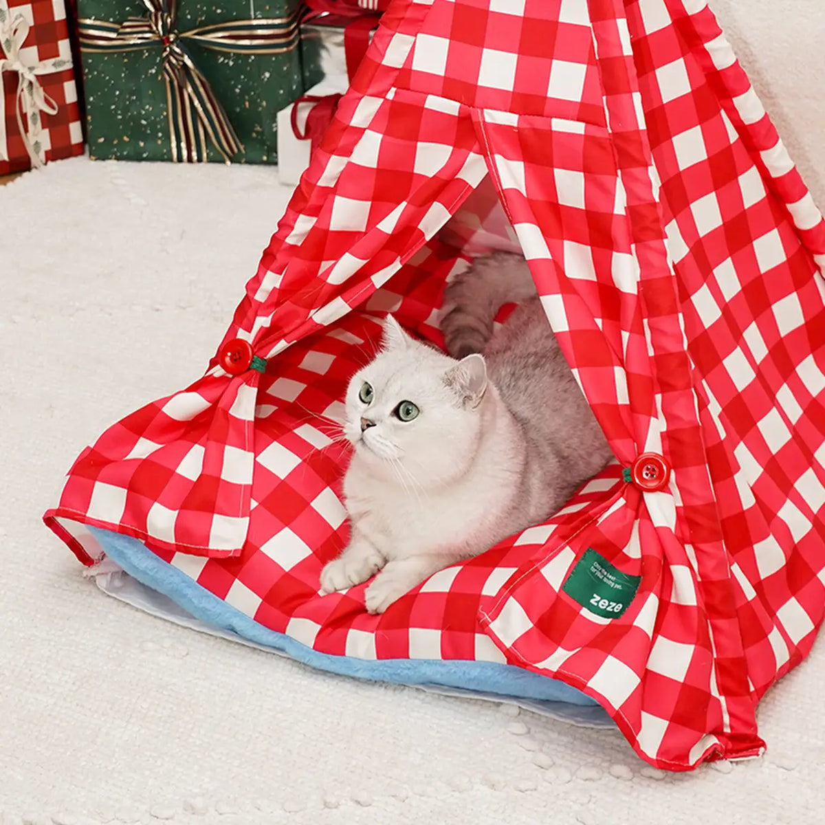 zeze huisdierentent met kerstmuts - rood-wit geruit - 60 × 60 × 78 cm