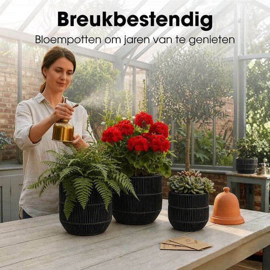 Mica Decorations Peta Bloempot voor Buiten – Set van 3 – Plantenpot voor Bloemen en Buitenplanten – Bloempotten voor Buiten – Zwart