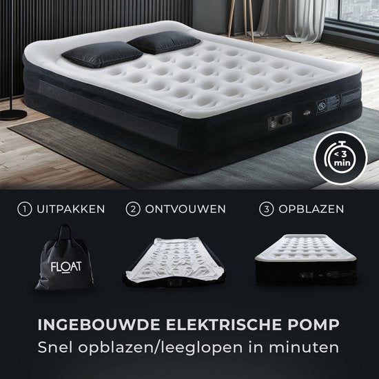 FLOAT VersaVento - 2 Persoons luchtbed met ingebouwde elektrische pomp - < 3 minuten snel opgeblazen - Inclusief 2 opbergzakken met klittenband, draagtas en reparatiekit - 152 x 203 x 52 cm - Zelfopblazend - Twee persoons - Queen