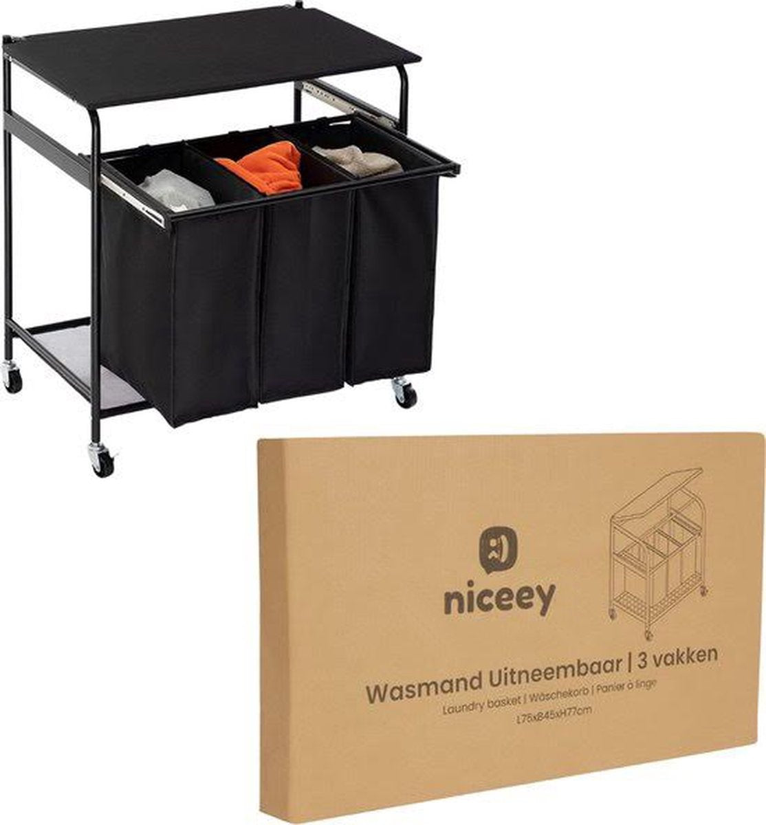 Niceey Wasmand op Wieltjes - 3 Uitschuifbare Vakken - Zwart