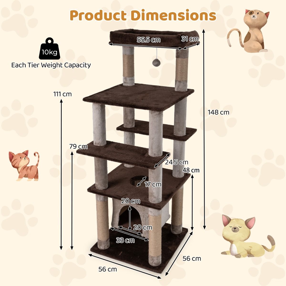 Coast Krabpaal voor katten - meerdere niveaus - schommelend kattenhuis - pluche ligbed - bruin - 56 x 56 x 148 cm
