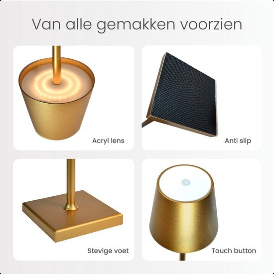 Goliving Tafellamp Oplaadbaar – Draadloos en dimbaar – Moderne touch lamp – Nachtlamp Slaapkamer – 26 cm – Goud