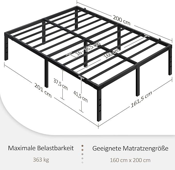 Yaheetech Metalen Bedframe 160 x 200 cm – Zwart – 201 x 162 x 41,5 cm – Zonder Hoofd- en Voetbord