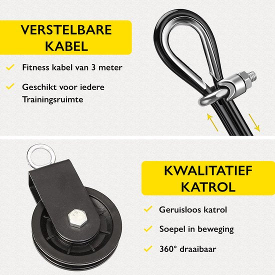 Zoluko Home Fitness Kabelsysteem 23-delige set - Incl. E-book - Krachtstation voor Thuis Sporten - Incl. Triceps Touw, Biceps Stang en Handgrepen - 100kg Draagkracht - Eenvoudige Bevestiging - Krachttraining - Lat Pulley - Home Gym - Zwart/Zilver