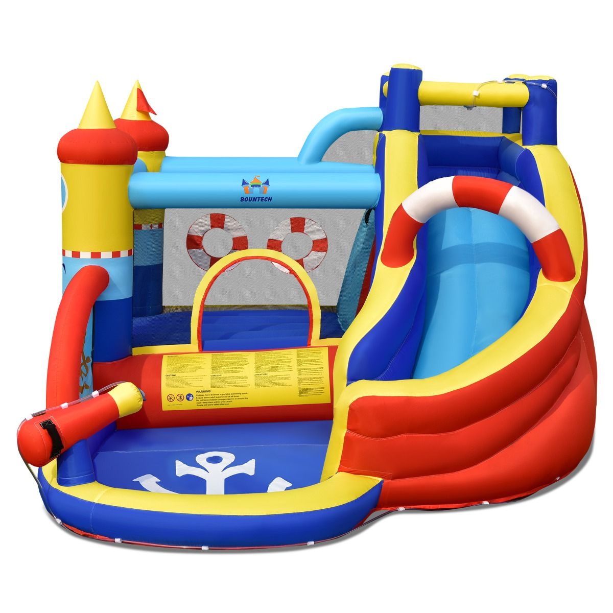 Coast Opblaasbaar Speelkasteel Piratenschip - 5-in-1 Waterpark met Glijbaan en Klimwand - Inclusief Waterpistool en Ventilator - 360 x 290 x 200 cm