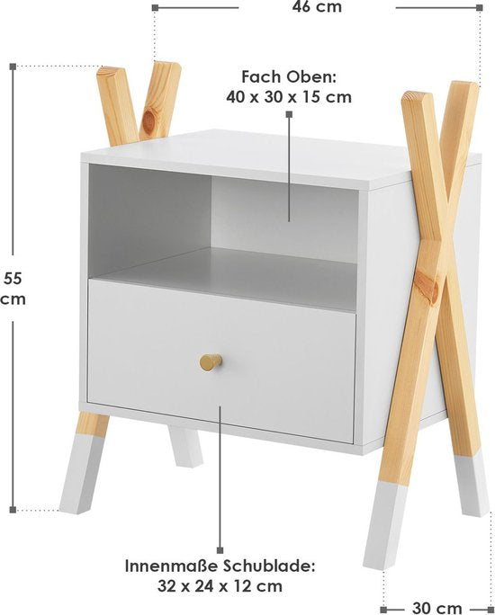 Houten Nachtkastje / Kindernachtkastje Jamie - Wit / Houtkleur - 1 Lade