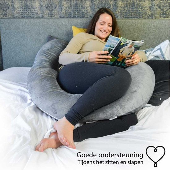 EL-Life Zwangerschapskussen XXL J-vorm - Zijslaapkussen - Lichaamskussen - Voedingskussen - Body Pillow - 155cm - Afneembare Minky Fleece Hoes - Grijs