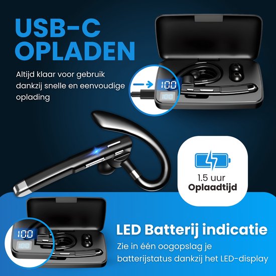 Otiume Draadloze Headset – Noise Canceling – Incl Oplaadkoffer - Bluetooth 5.0 – 100 uur - Waterproof - Bluetooth Headset – Handsfree Bellen Auto Bluetooth – Werk oordopjes - Oortjes – Draadloze Headset met Microfoon – Kantoor oortjes
