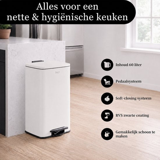 Bayt Prullenbak - Prullenbak 60 Liter - Pedaalemmer 60 Liter - Vuilnisbak 60 Liter - Afvalbak - RVS - Crème wit