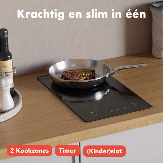 KitchenBrothers Inductie Kookplaat - Inbouw Inductieplaat - 30 cm - 2 Zones - 1 Fase - Tot 3300W - Zwart