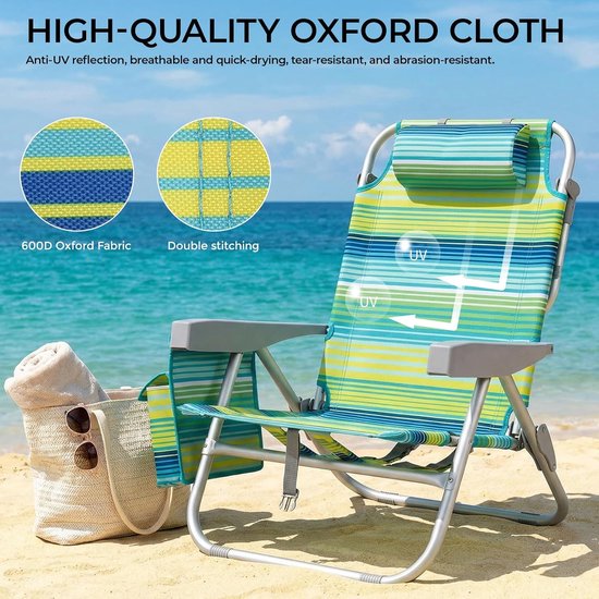 Luxe Strandstoel Set van 2 - Verstelbaar (5 Standen) - Inklapbaar met Rugzakbanden, Koeltas & Handdoekrek - Groen/Blauw Gestreept