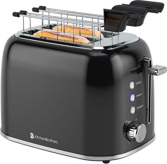 KitchenBrothers Broodrooster met Tostiklemmen - Toaster - 6 Warmteniveaus - Brede Sleuven - Broodrooster - 870W - Zwart