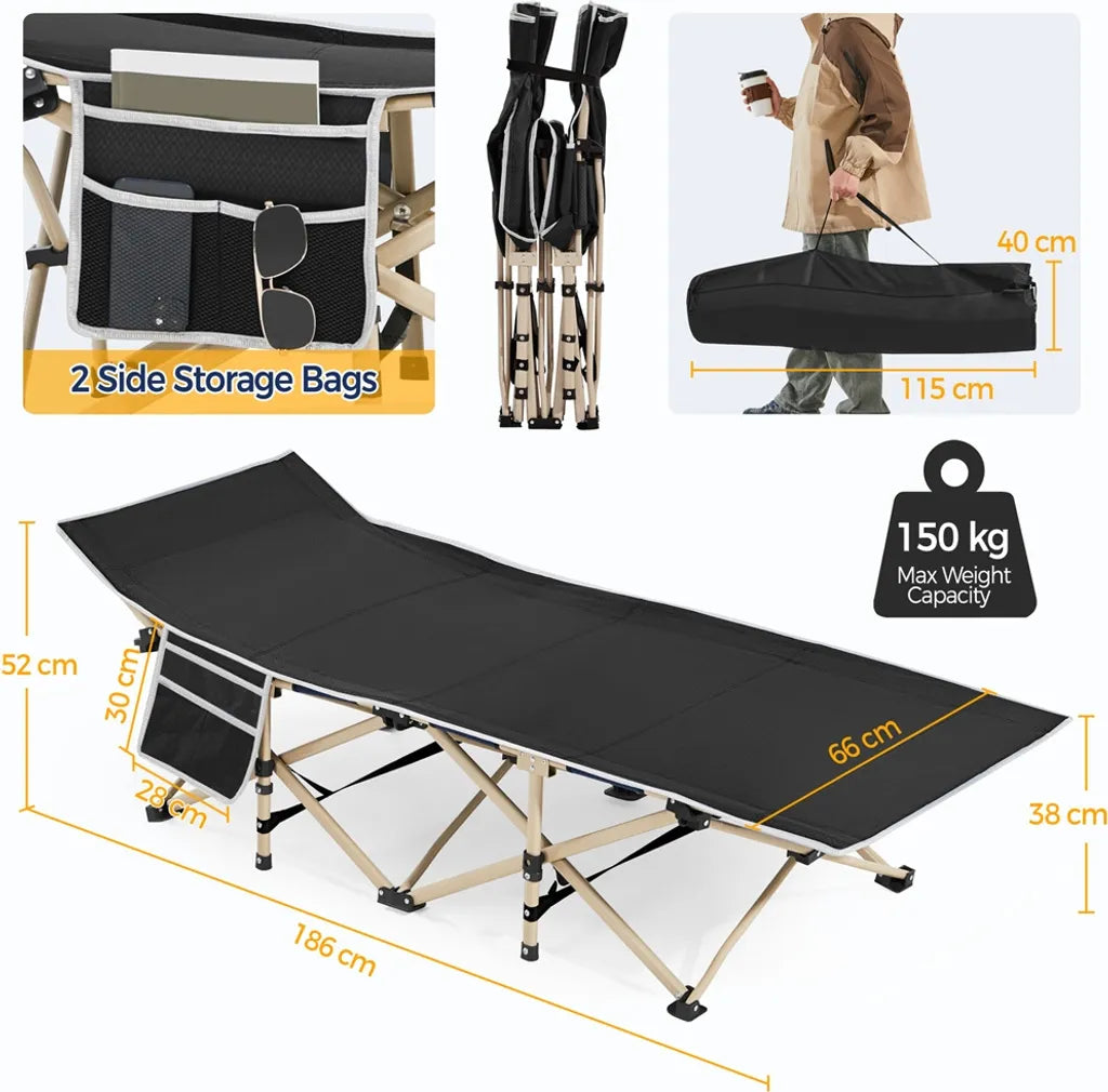Yaheetech Opvouwbaar Campingbed met Draagtas - Zwart - 186 x 66 x 52 cm