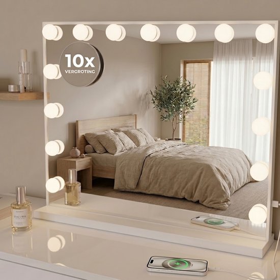 OMNIEXA Hollywood Spiegel 58×46cm – 15 LED Lampen – 3 Lichtkleuren – Dimbaar – 10x Vergroting – USB-C – Make Up Spiegel – Visagie Spiegel – Vanity – Wit