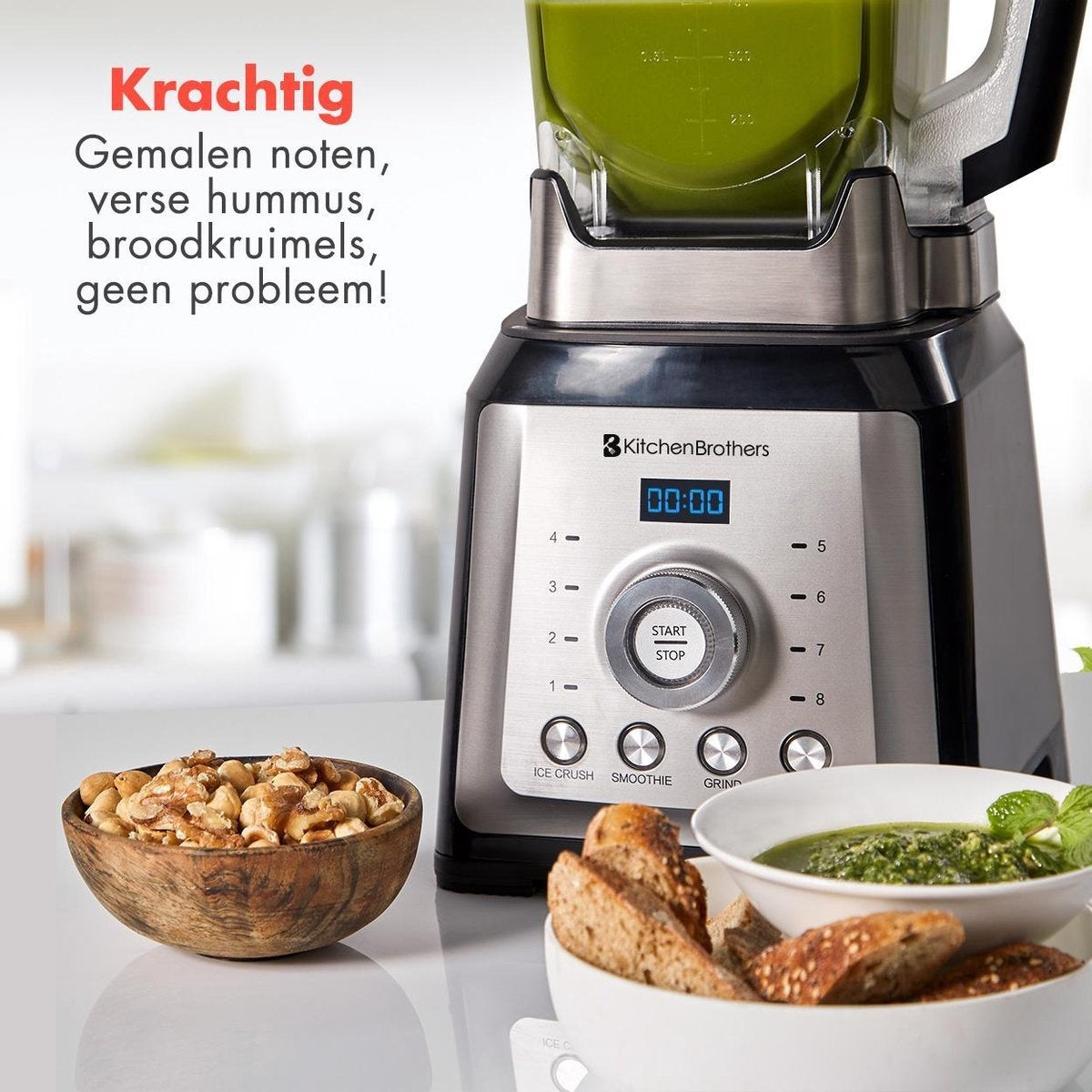 KitchenBrothers - Power Blender - 2000W - 2L - 8 standen/4 snelheden - Roestvrij staal