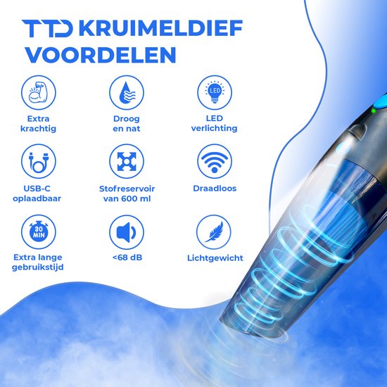 TTD® Premium Autostofzuiger Draadloos met Luxe Opbergtas - Extra Krachtig 14.000 Pa - Nat & Droog - Inclusief 2 Premium HEPA-filters - Draadloze Kruimelzuiger - Stofzuiger voor Auto - Handstofzuiger - Kruimeldief