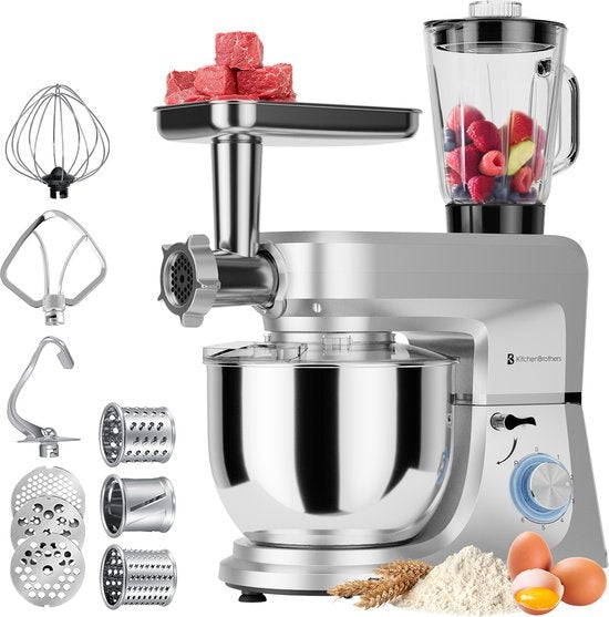 KitchenBrothers Keukenmachine - Complete Set - 15 Accessoires - Keukenrobot - 6L - 1500W - Zilver