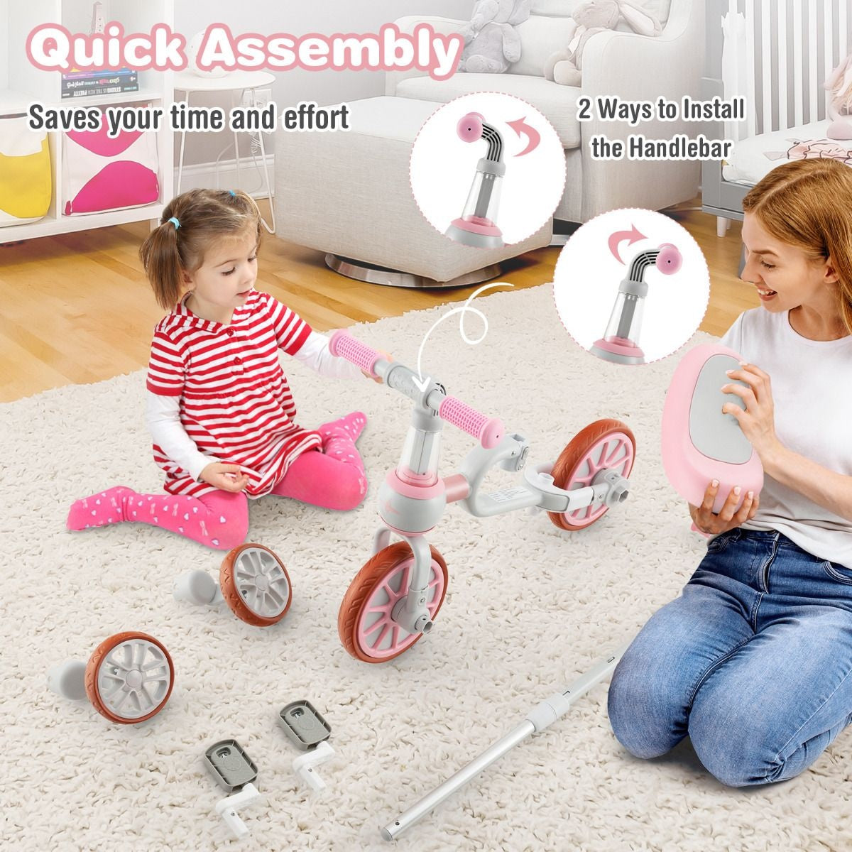 Coast Kinderfiets met afneembare duwstang - Max.  30 KG - 37 x 72 x 101 cm - Roze